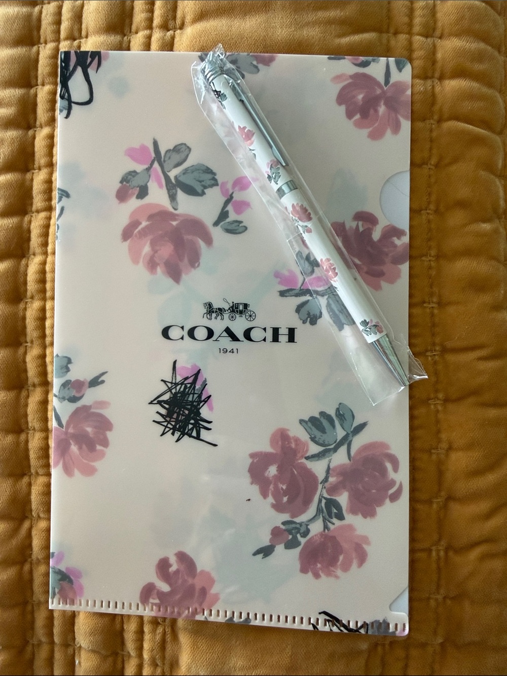 COACH White Floral Folder with Pink Rose Print and Matching Pen